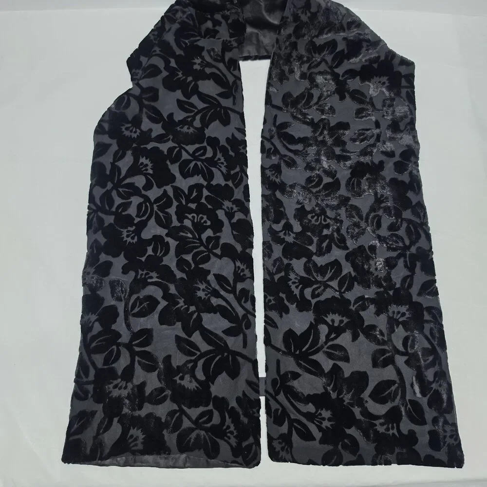 Vintage ADG Black Burnout Velvet Silk Floral Scarf Rectangle 8